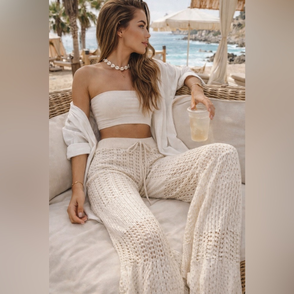 Sincerely Jules Cream Knit Flare Pants Boho Crochet Wide Leg Lounge Pants Size L